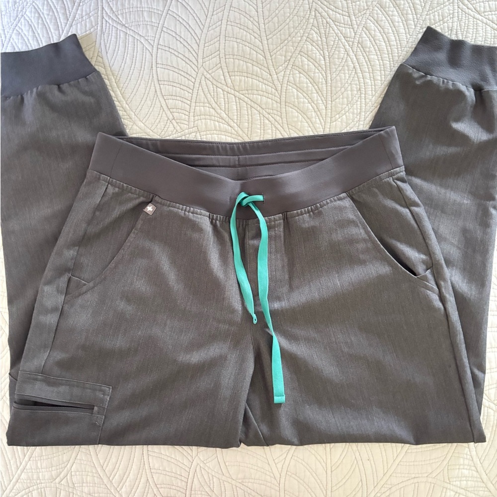 Figs charcoal gray Joggers with Teal Drawstrings